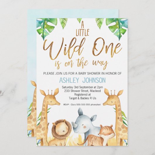 野生の1匹のサファリ動物のベビーシャワーの招待状 招待状 (正面/裏面)