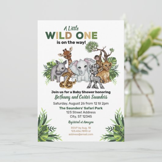 野生の1匹のサファリ動物のベビーシャワー 招待状 (スタンド正面)