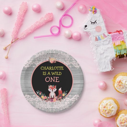 野生の1匹の第1誕生日のかわいいキツネ及び花 ペーパープレート (パーティー)