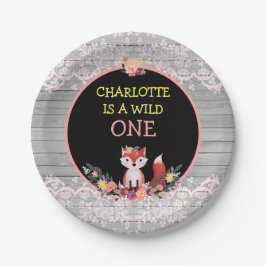 野生の1匹の第1誕生日のかわいいキツネ及び花 ペーパープレート