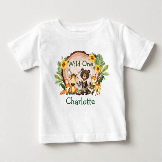野生の1回目の誕生日の森の動物たち、ひまわり ベビーTシャツ (正面)