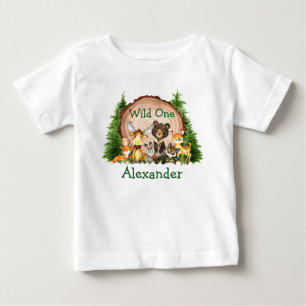 野生の1本の誕生日の木素朴の森の動物 ベビーTシャツ