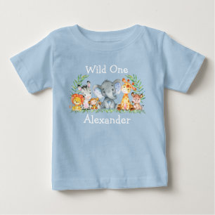 野生の1歳のサファリ動物たちが青 ベビーTシャツ