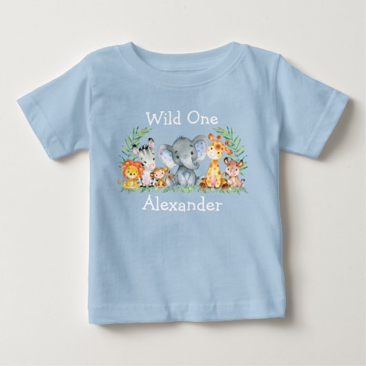 野生の1歳のサファリ動物たちが青 ベビーTシャツ (正面)