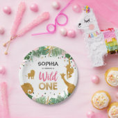 野生の1歳の紙プレートサファリ·アニマルズ·ガール ペーパープレート (パーティー)