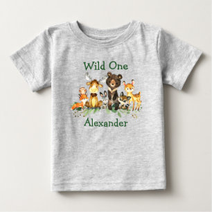 野生の1歳の誕生日の森の動物グレー ベビーTシャツ