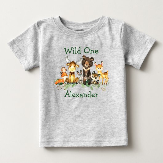 野生の1歳の誕生日の森の動物グレー ベビーTシャツ (正面)