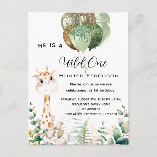 野生の1歳の誕生日キリンのジャングルバルーン インビテーションポストカード (正面)