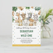 野生の1歳の誕生日ジャングルサファリパーティー動物 招待状 (スタンド正面)