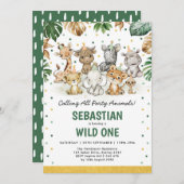 野生の1歳の誕生日ジャングルサファリパーティー動物 招待状 (正面/裏面)