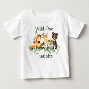 野生の1歳の誕生日森林動物 ベビーTシャツ