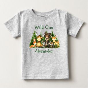 野生の1歳の1歳の森の動物の木が灰色 ベビーTシャツ