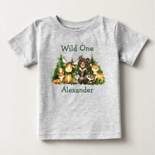 野生の1歳の1歳の森の動物の木が灰色 ベビーTシャツ (正面)