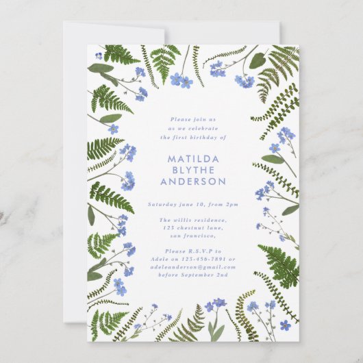 野生の1歳の1歳の青いフローラ植物 招待状 (裏面)