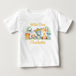野生の1歳目の誕生日サファリ動物のヒマワリ ベビーTシャツ