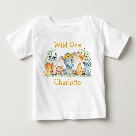 野生の1歳目の誕生日サファリ動物のヒマワリ ベビーTシャツ (正面)