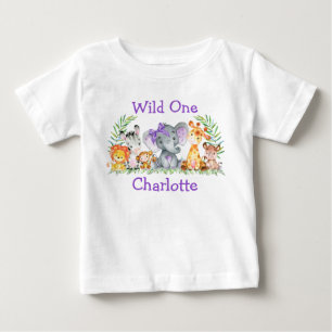 野生の1歳目の誕生日サファリ動物の紫の弓 ベビーTシャツ