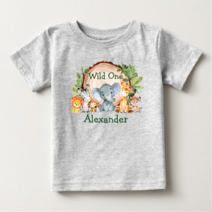 野生の1歳目の誕生日サファリ動物緑の灰色 ベビーTシャツ