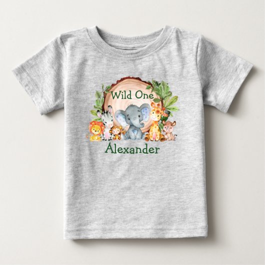 野生の1歳目の誕生日サファリ動物緑の灰色 ベビーTシャツ (正面)