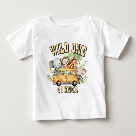 野生の1男の子の誕生日サファリ動物 ベビーTシャツ (正面)