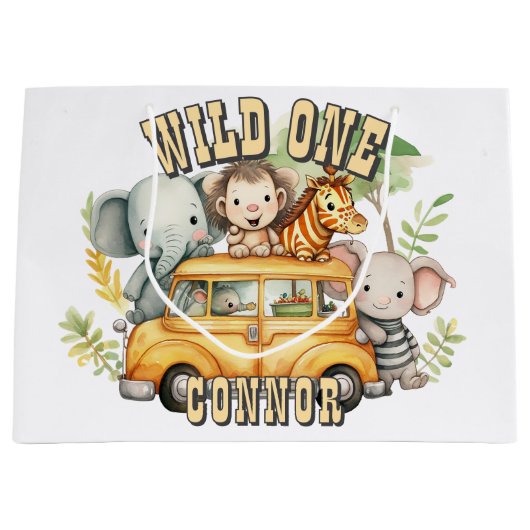 野生の1男の子の誕生日サファリ動物 ラージペーパーバッグ (正面)