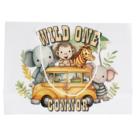 野生の1男の子の誕生日サファリ動物 ラージペーパーバッグ (裏面)