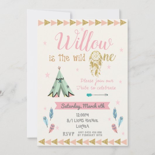 野生の1第1誕生会の女の子の種族のピンクの金ゴールド 招待状 (正面)