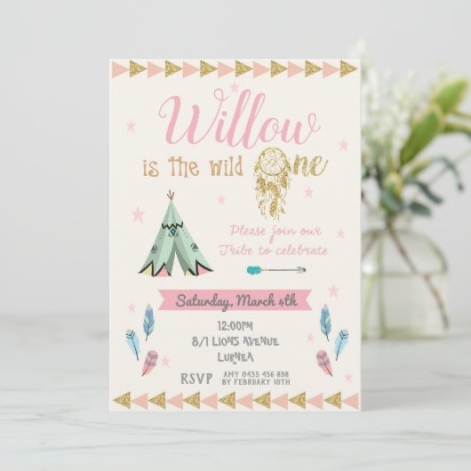 野生の1第1誕生会の女の子の種族のピンクの金ゴールド 招待状 (スタンド正面)