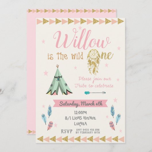 野生の1第1誕生会の女の子の種族のピンクの金ゴールド 招待状 (正面/裏面)