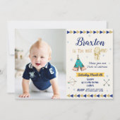 野生の1第1誕生会の男の子種族海軍金ゴールド 招待状 (正面)