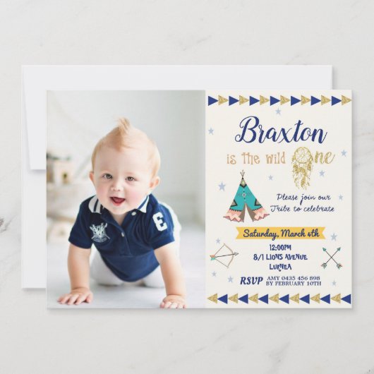 野生の1第1誕生会の男の子種族海軍金ゴールド 招待状 (正面)