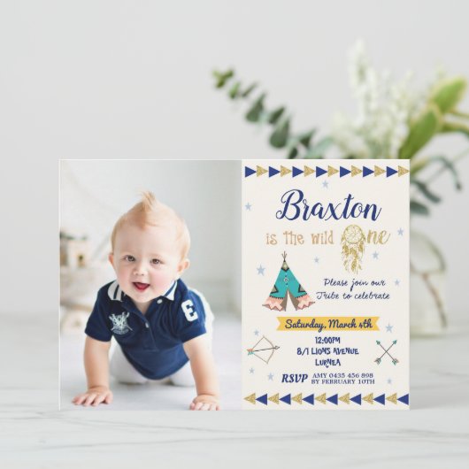 野生の1第1誕生会の男の子種族海軍金ゴールド 招待状 (スタンド正面)