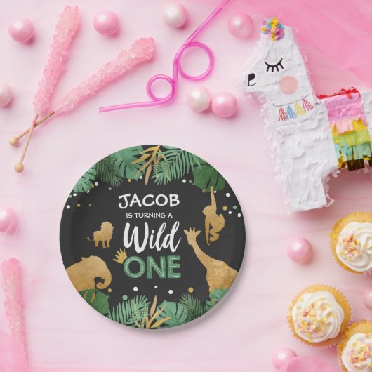 野生の1誕生日の紙皿のサファリ動物の金ゴールド ペーパープレート (パーティー)