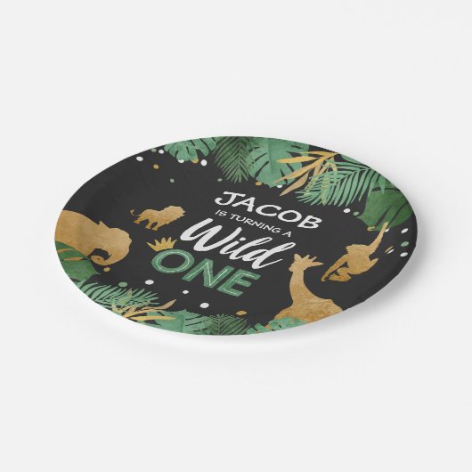 野生の1誕生日の紙皿のサファリ動物の金ゴールド ペーパープレート (アングル)