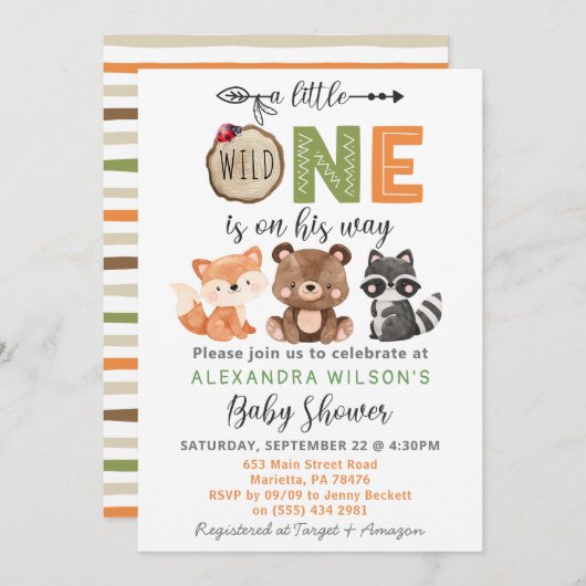 野生の1頭の森林動物の赤ちゃんシャワー 招待状 (正面/裏面)