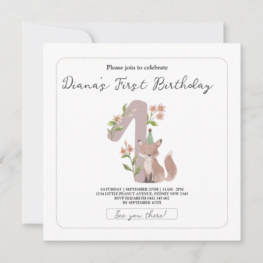 野生の1,1歳の誕生日パーティー，森林動物，鳥獣 招待状 (正面)