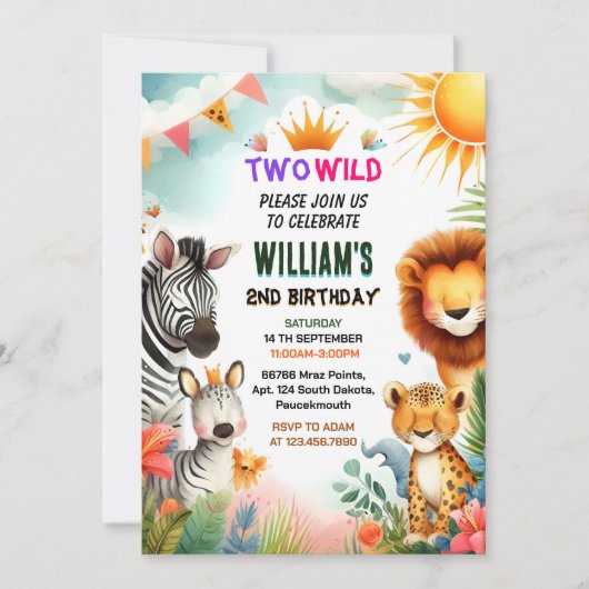 野生の2歳の誕生日にロア動物園ゼブラサファリ 招待状 (正面)