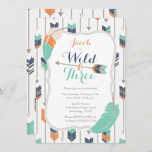 野生の3つの種族の矢の誕生会の青緑 招待状 (正面/裏面)