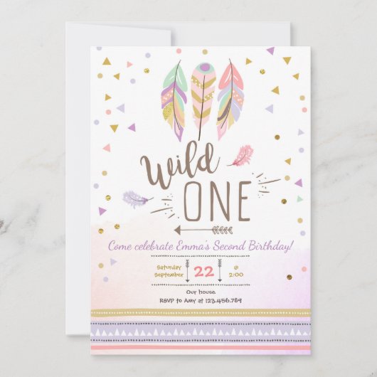 野生のBohoの1人の種族の女の子の紫色の金ゴールドの羽 招待状 (正面)