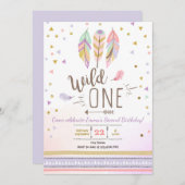 野生のBohoの1人の種族の女の子の紫色の金ゴールドの羽 招待状 (正面/裏面)