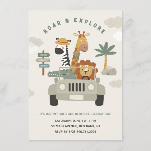 野生のL動物サファリ誕生日を探索 招待状 (正面)
