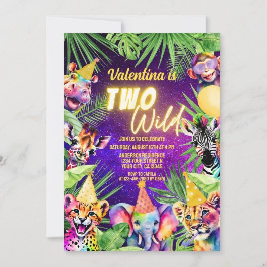 野生カラフルのサファリの動物2歳の誕生日 招待状 (正面)