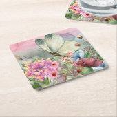 野生カラフルの花の間の蝶のキス スクエアペーパーコースター (アングル)
