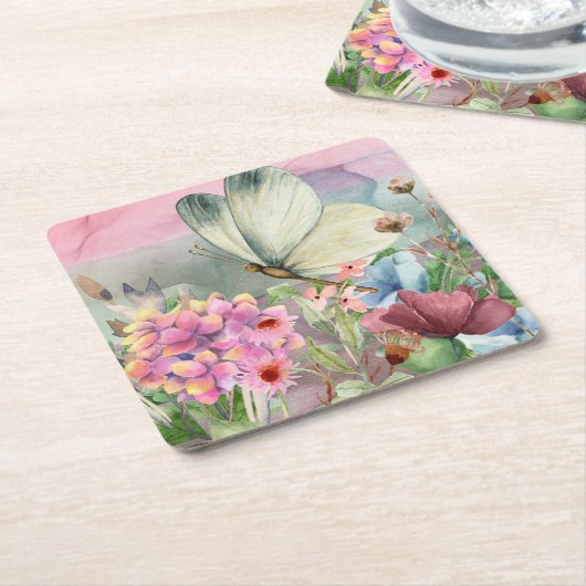 野生カラフルの花の間の蝶のキス スクエアペーパーコースター (アングル)