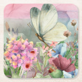野生カラフルの花の間の蝶のキス スクエアペーパーコースター (正面)