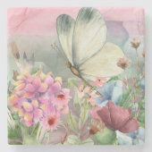 野生カラフルの花の間の蝶のキス ストーンコースター (正面)