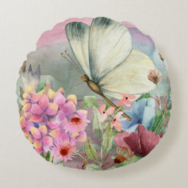 野生カラフルの花の間の蝶のキス ラウンドクッション