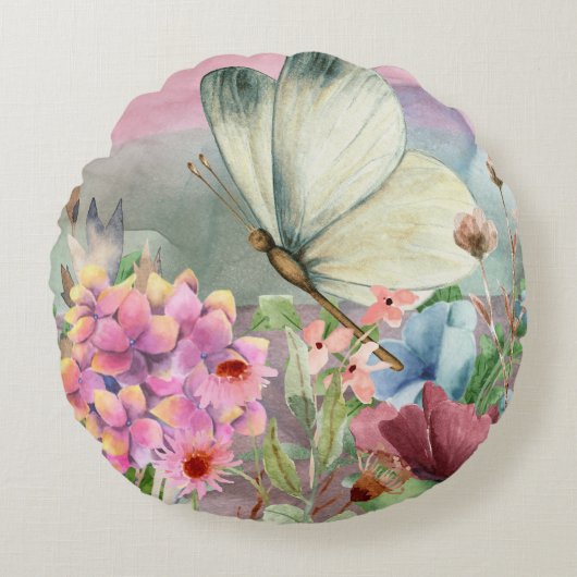 野生カラフルの花の間の蝶のキス ラウンドクッション (正面)