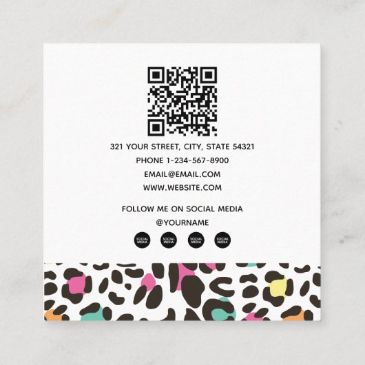 野生カラフル動物と熱帯離れのQRコード スクエア名刺 (裏面)