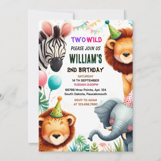 野生クールの2歳の誕生日に動物園のゼブラサファリ 招待状 (正面)